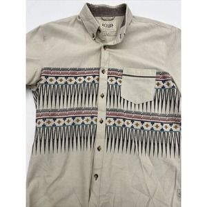 Roark Button Up Shirt Mens LARGE Tan Short Sleeve Striped Aztec Classic Fit (S1)